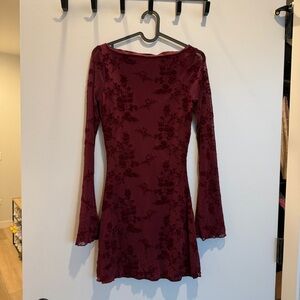 Motel Rocks Sevila Long Sleeve Mini Dress in Flocked Botanical Flower Maroon
